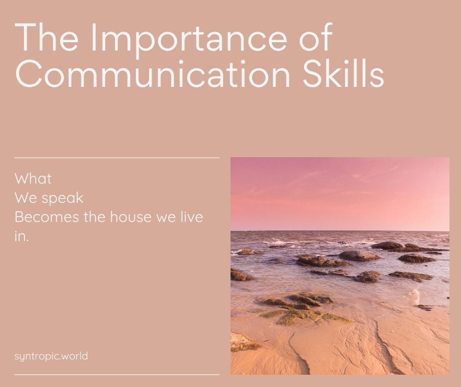 Poster about the importance of communication skills on a peach background; left column quotes 'What We speak becomes the house we live in,' with a beach sunset image on the right.