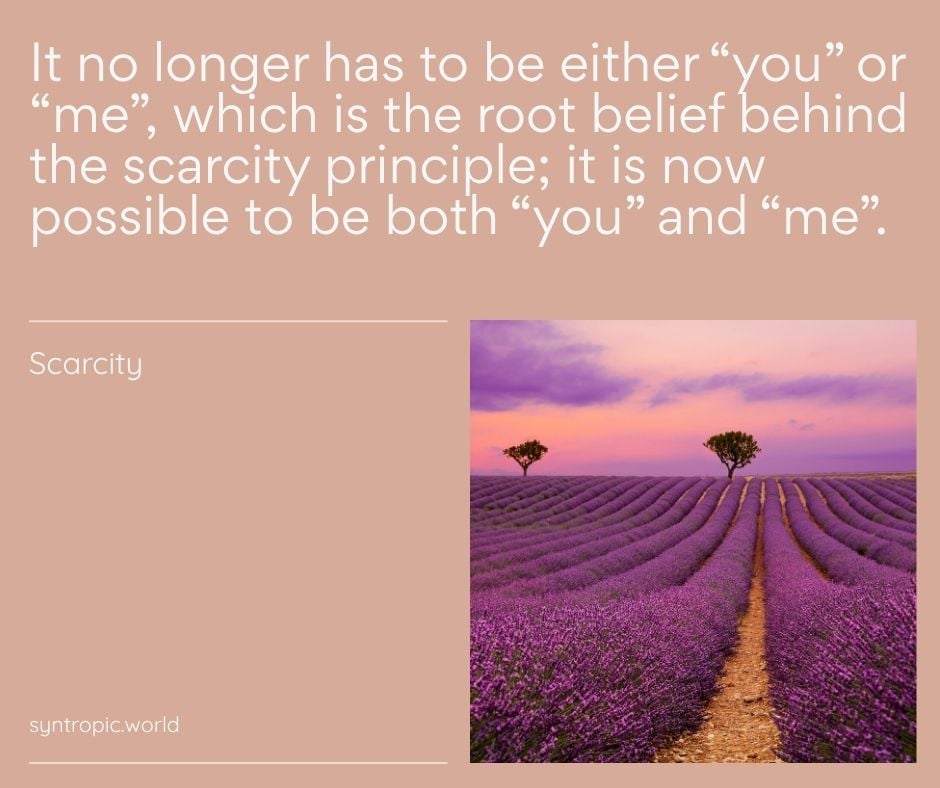 Infographic with a peach background showing a scarcity quote and a lavender field photo on the right, featuring two trees on the horizon.