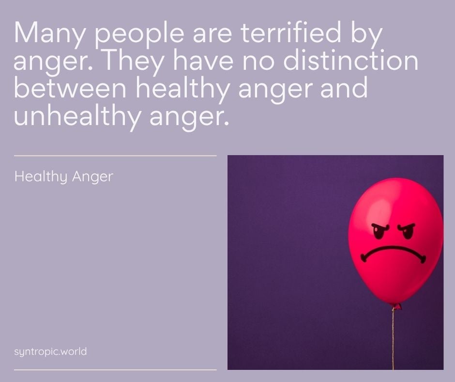 Infographic about healthy anger: text explains distinguishing healthy from unhealthy anger, with a pink angry-balloon illustration on a purple background.