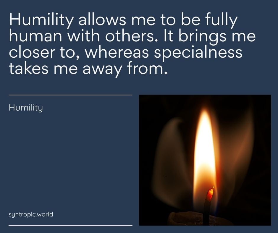 Quote on a dark blue background about humility; a lit candle sits on the right, source syntropic.world.