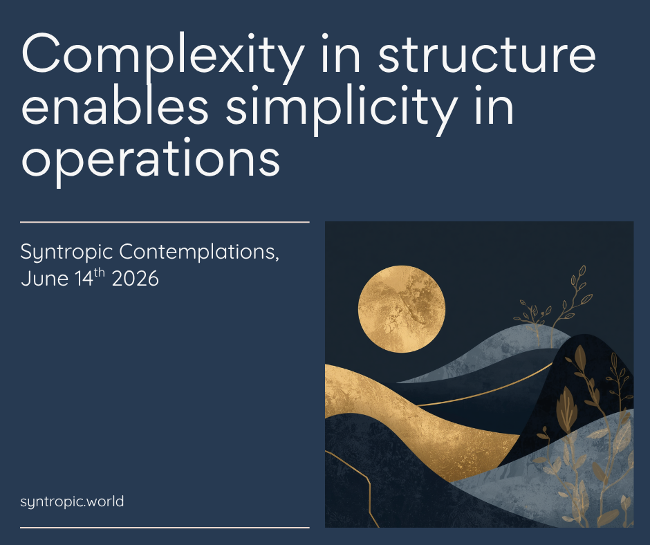 Poster on a dark blue background with the title 'Complexity in structure enables simplicity in operations' and date 'June 14th 2026' beside an abstract gold/navy landscape on the right.