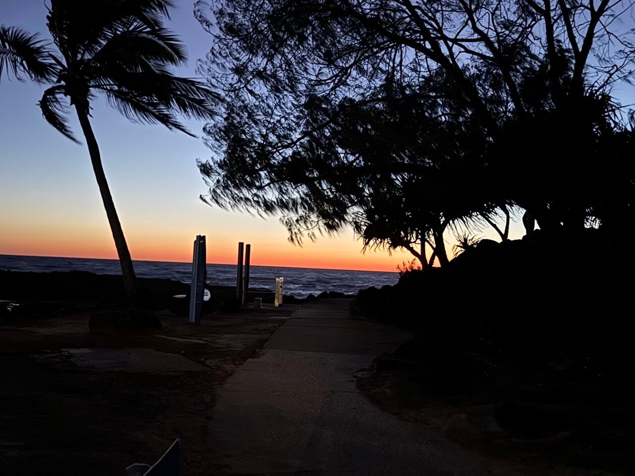 Silhouetted palm trees and a rocky shoreline at sunset, with a paved path leading toward the ocean.
