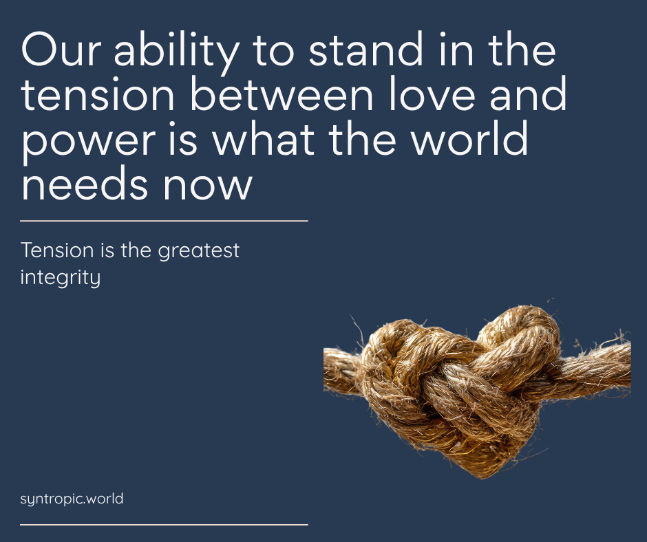 Dark blue poster featuring a white quote: 'Our ability to stand in the tension between love and power is what the world needs now.' with subline 'Tension is the greatest integrity'; a rope knot image appears on the right; brand 'syntropic.world' at the bottom.