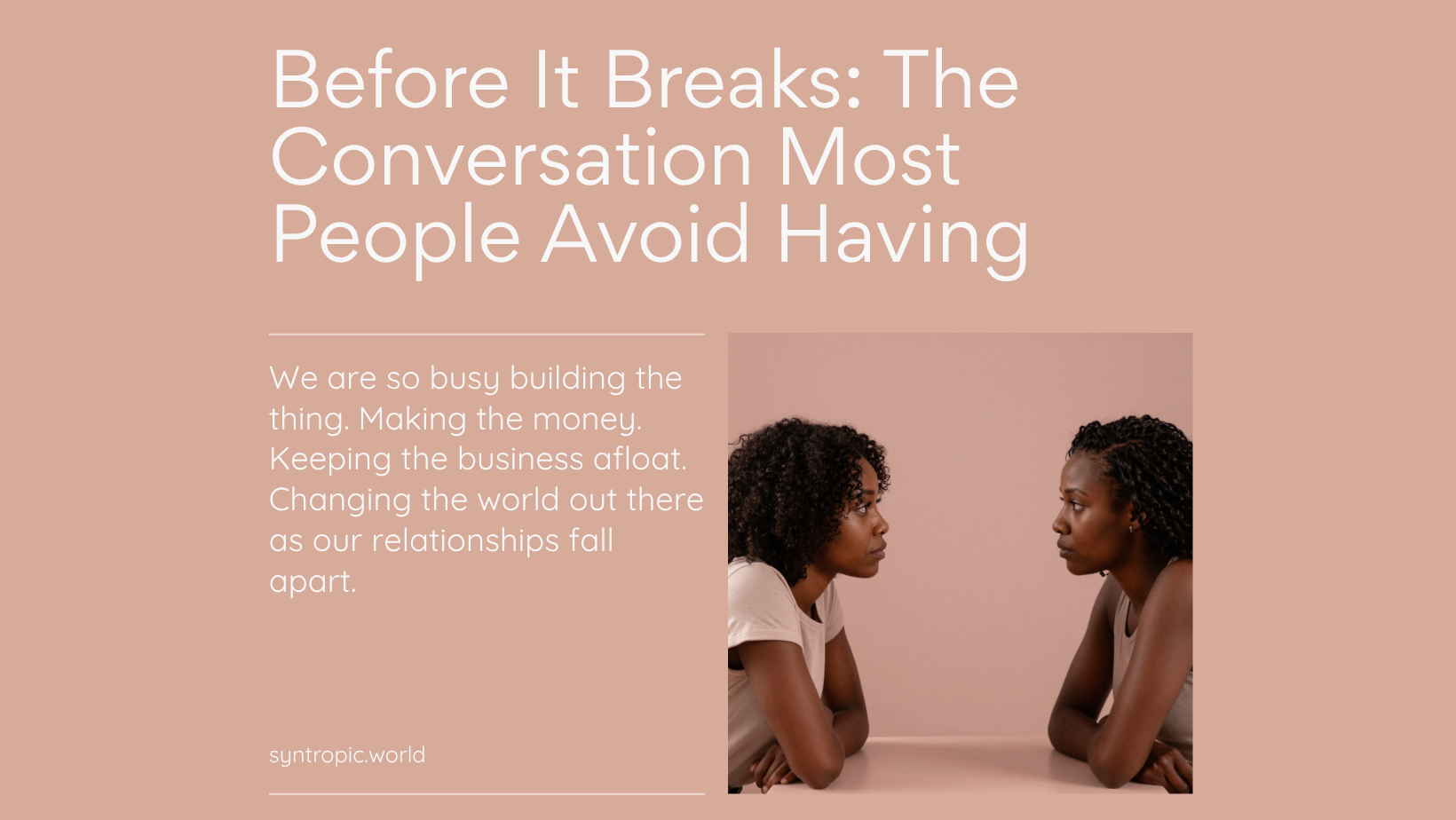 Hero banner on peach background with two women facing each other in conversation; large white headline about difficult talks.