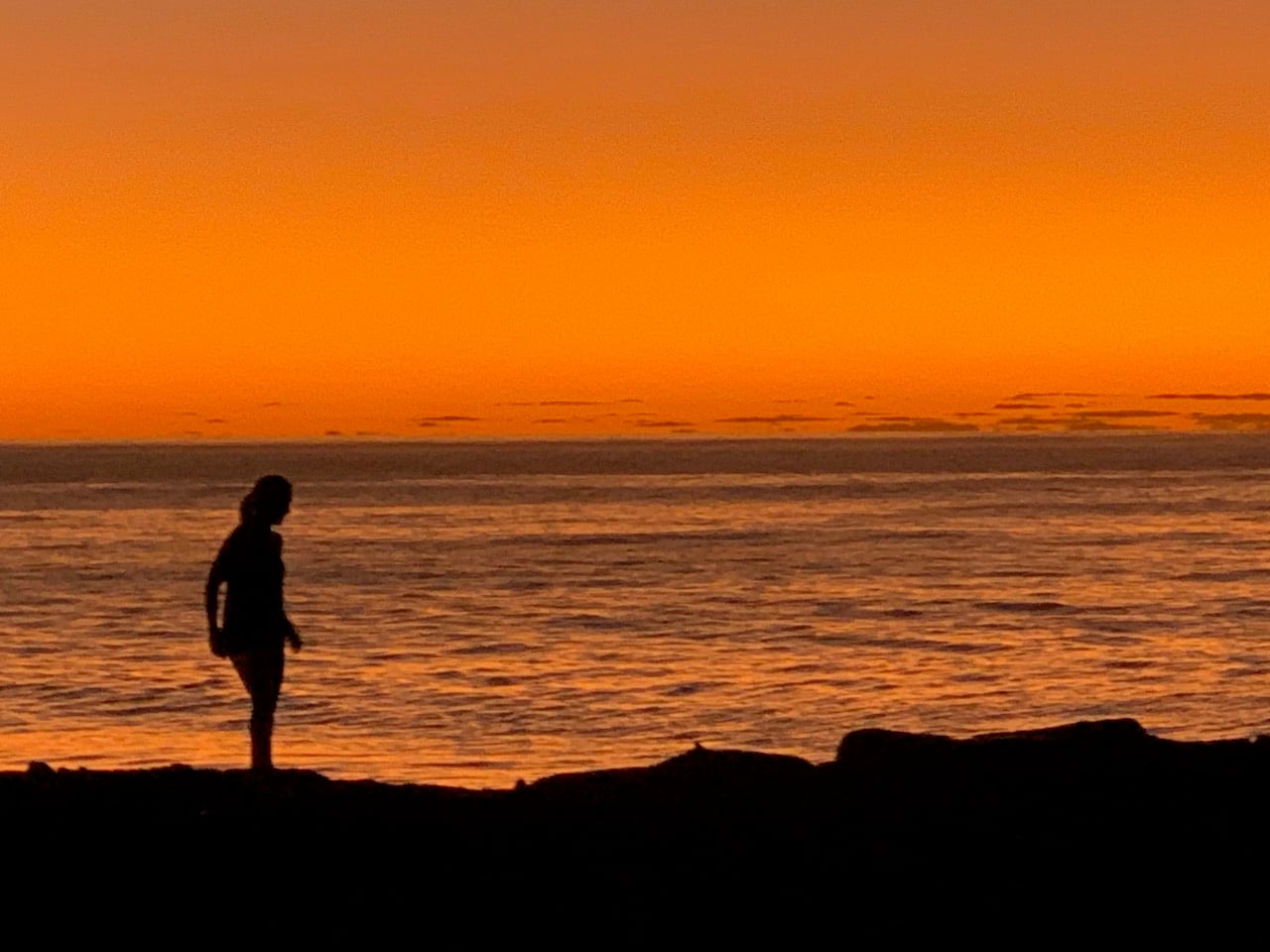 Silhouette of a person standing on a rocky shoreline at sunset with an orange sky and calm sea behind them.