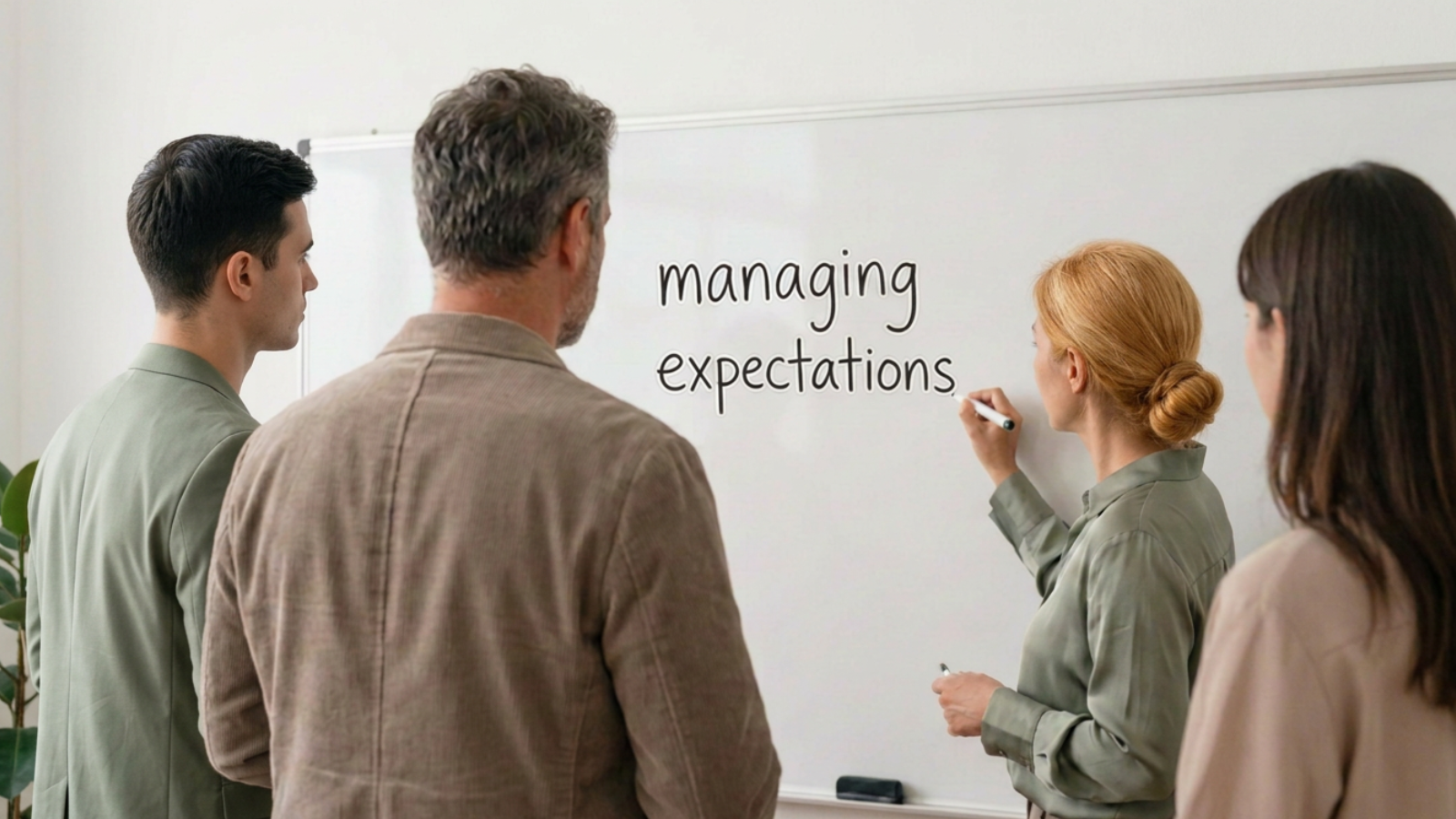 Team members in a meeting as a woman writes 'managing expectations' on a whiteboard nearby.